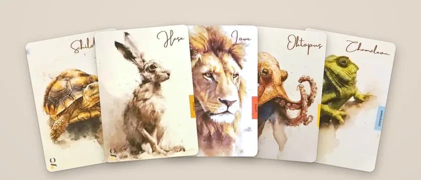 Kartenset Schutztiere von ganz lebendig: illustrierte Karten mit Schildkröte, Hase, Löwe, Oktopus und Chamäleon