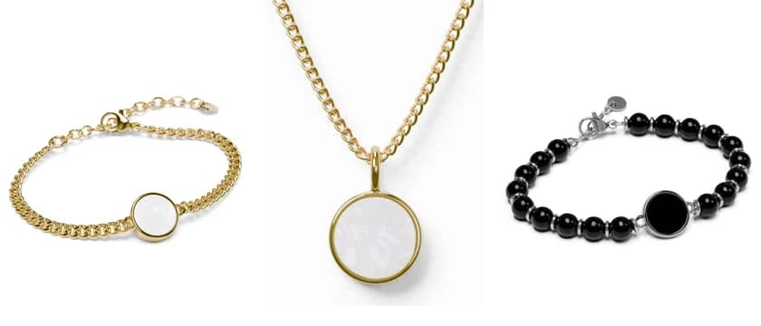 Schmuck von Jourries: Lightness-Armband und Halskette mit Perlmutt in Gold, Terra-Armband mit Onyxperlen