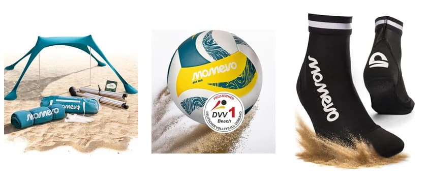 Produkte von momevo: Sunsail Strandzelt in Petrol, Beachvolleyball SunPro und Beachsocken
